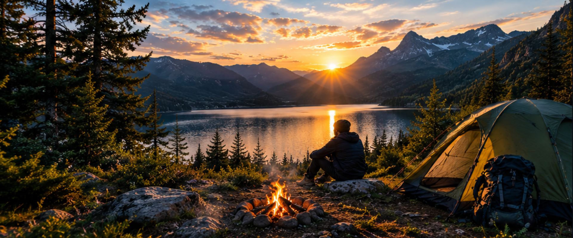 Acampamento junto a um lago ao entardecer com barraca, mochila e fogueira